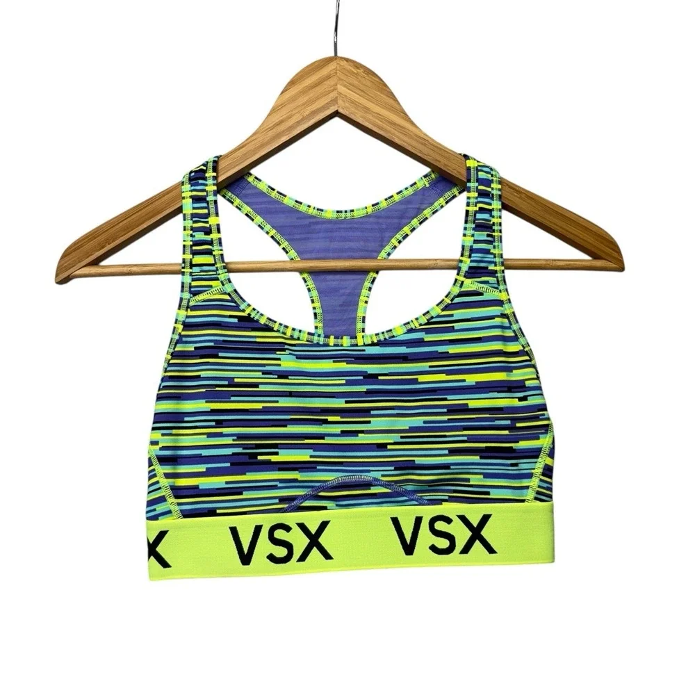 VSX Sport Womens Sports Bra Small Neon Green Purple Racerback Pullover Gym